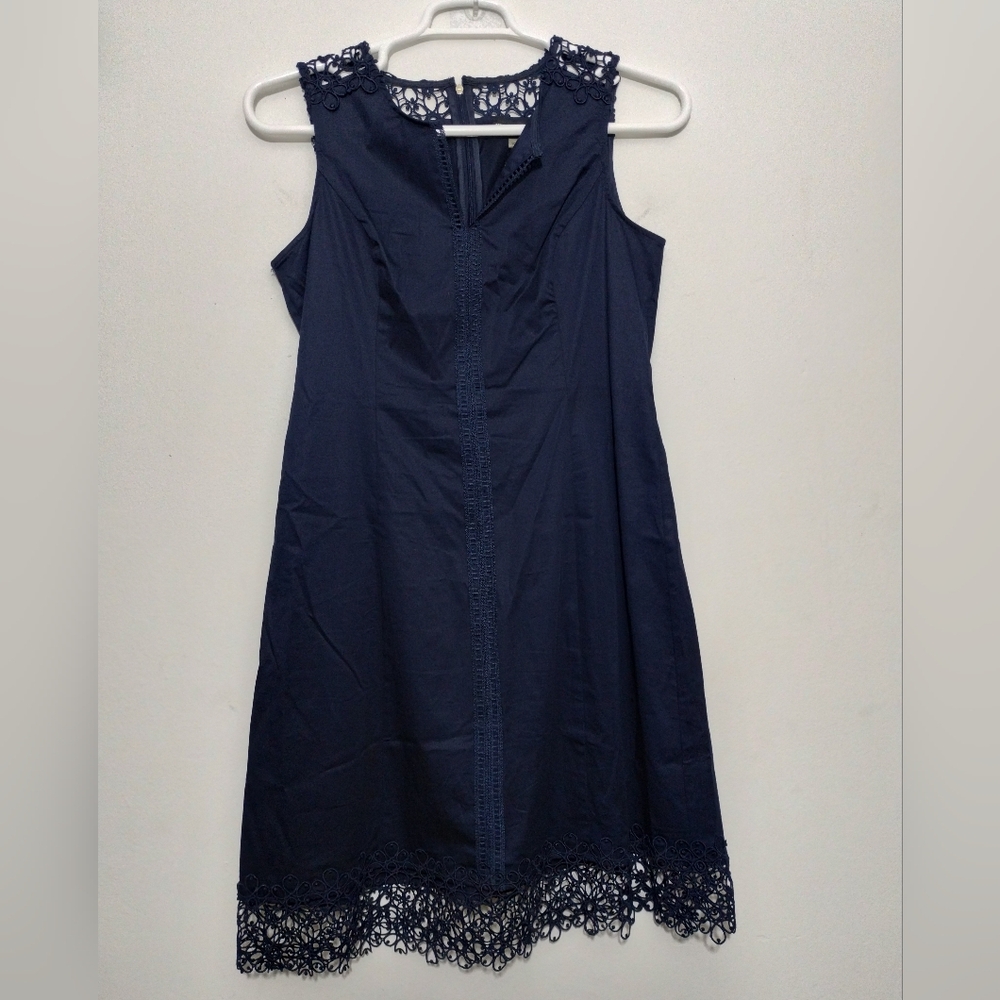 Karl Lagerfeld Navy Midi Sheath Dress Lace Trim Womens 10 Minimalist Sleeveless